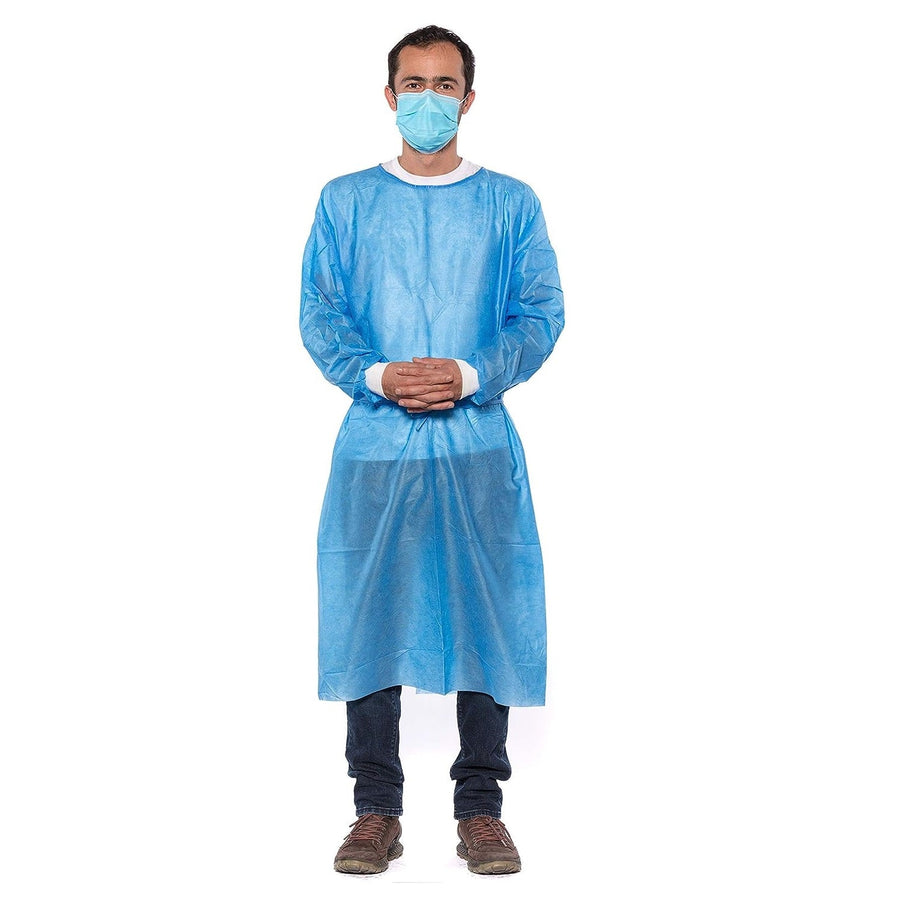 Blue Disposable Isolation Lab Gowns – 30g w/ Knit Cuffs, Universal (Pack of 50)