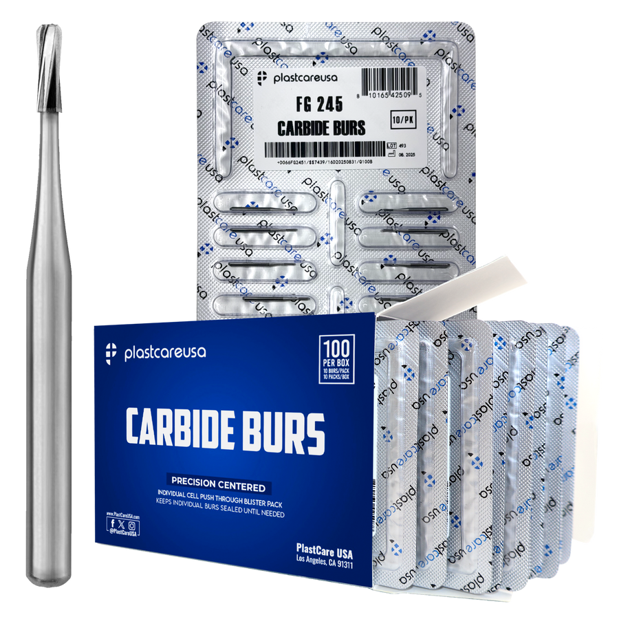 PlastCare FG 245 Pear-Shaped Carbide Burs – High Speed (100 Pack)