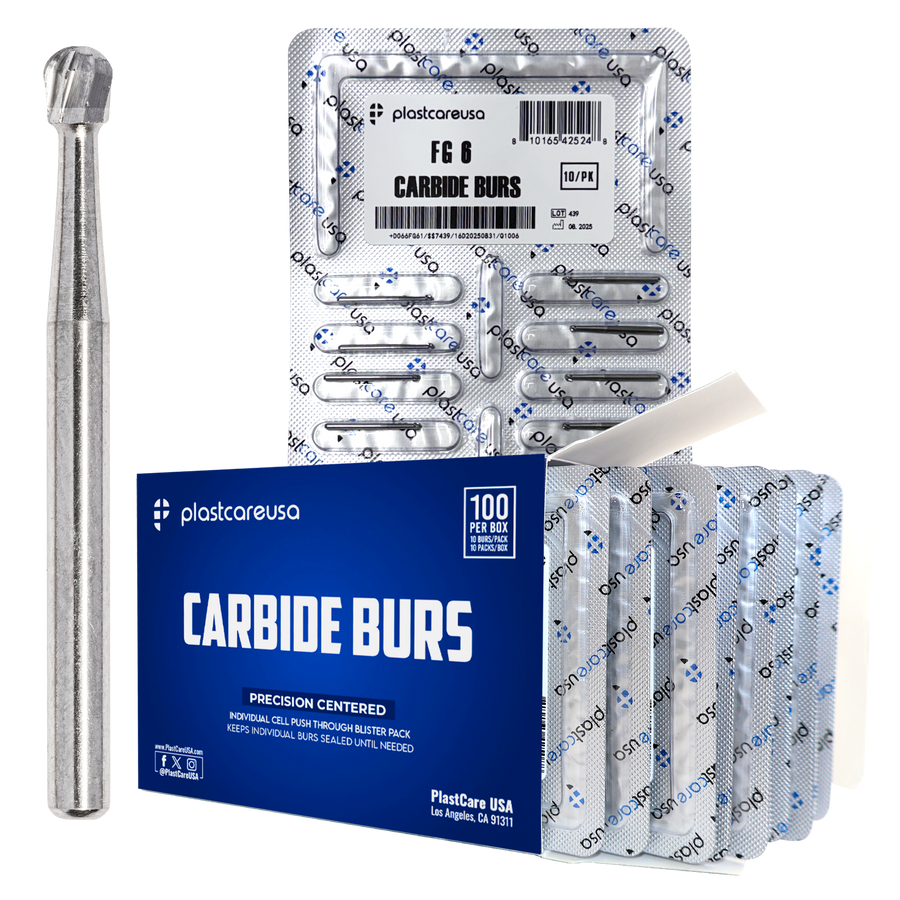 PlastCare FG 6 Round Clinical-Length Carbide Burs – 100 Pack