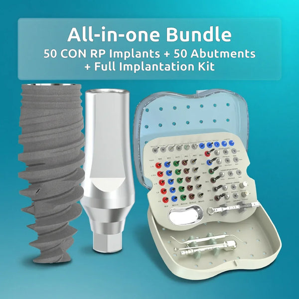 All in One Bundle - 50 Conical RP Implants, 50 Straight Abutments and Full Implantation Kit